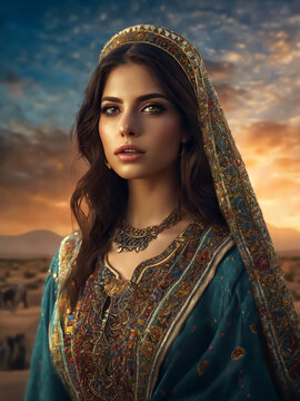 Oriental woman. Persian princess. Beautiful Arab young woman in festive attire. Precious jewelry