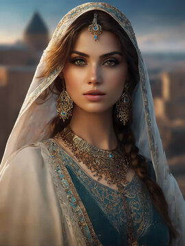 Young eastern woman. Persian princess. Beautiful Arab woman in festive attire. Valuable jewellery