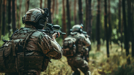 Fototapeta premium Elite military special forces navigate stealthily through the forest, their trained eyes scanning for threats amidst the dense foliage.