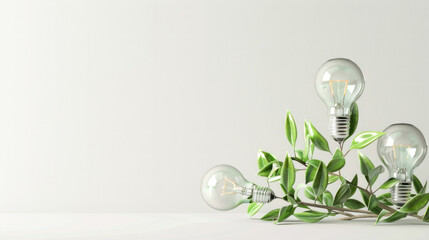 Lightbulbs against white wall with green plants. Environmental conservation concept.