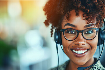 A female customer support operator, wearing a headset, warmly smiles, poised to offer assistance with professionalism and empathy.