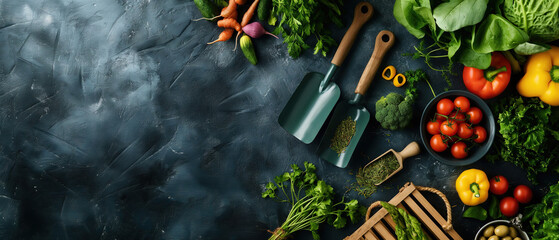 Gardening tools and vegetables on a dark gray background, top view banner with copy space