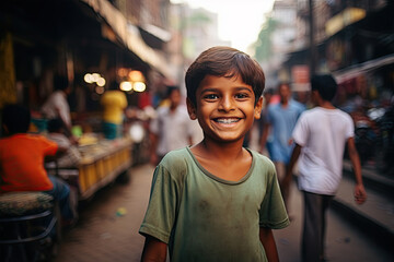 Portrait of a smiling Indian boy standing in the street.