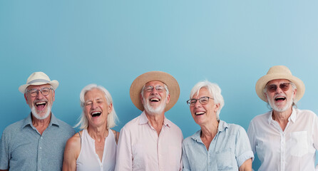 Group of senior friends with summer hats laughing joyfully on blue background, symbolizing camaraderie