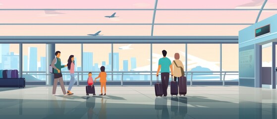 People at airport terminal. Passengers waiting for their flight. Flat 2d illustration. Travel and Vacation Concept with Copy Space.