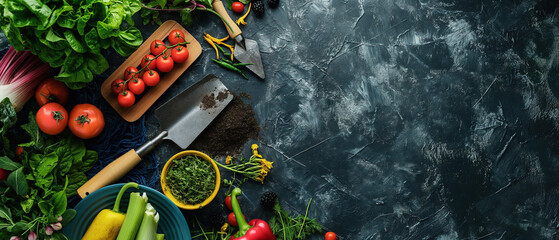 Gardening tools and vegetables on a dark gray background, top view banner with copy space