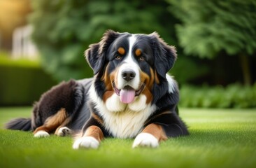 Happy Bernese Mountain dog puppy lying in the grass
