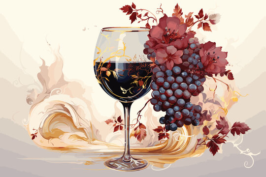 Drawing of a glass with wine and a bunch of grapes with leaves. For your design