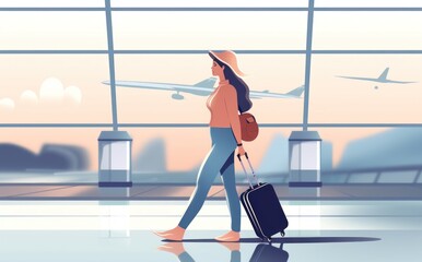 Young woman with a suitcase at the airport terminal. 2d illustration. Travel and Vacation Concept with Copy Space.