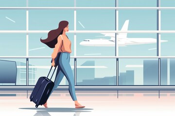 Young woman with suitcase at airport terminal. 2d illustration in flat style. Travel and Vacation Concept with Copy Space.