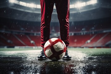 Professional football or soccer player action scene on stadium background