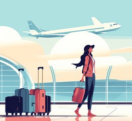 Young woman with a suitcase in the airport terminal. 2d illustration. Travel and Vacation Concept with Copy Space.