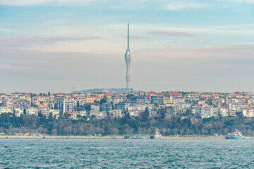 Landscape of Istanbul city with New Kucuk Camlica TV Radio Tower, a telecommunications tower with...