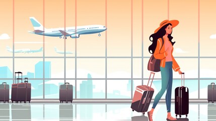 Young woman traveler with suitcase at airport terminal. 2d illustration in flat style. Travel and Vacation Concept with Copy Space.