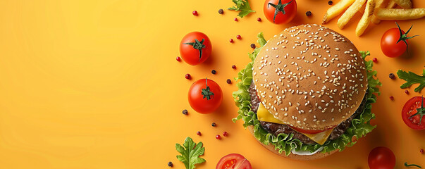 Juicy burger with beef, cheese, lettuce, tomato and fries on orange background Top view space to...