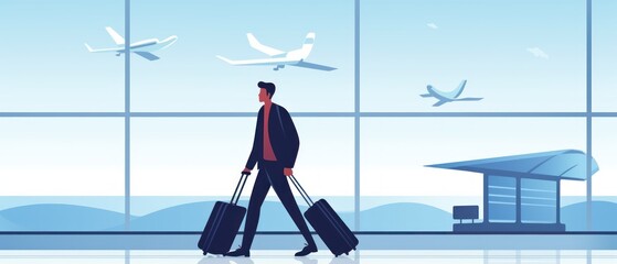 2d illustration of a businessman walking in the airport terminal with his luggage. Travel and Vacation Concept with Copy Space.