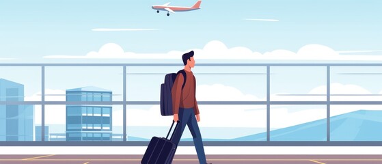 Young man with suitcase at airport terminal flat 2d illustration. Cartoon male character with baggage standing on platform. Traveling and tourism concept - obrazy, fototapety, plakaty