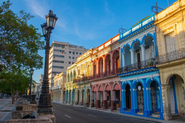 Historic buildings on Paseo del Prado between Calle Genios and Refugio Street in the morning in Old...