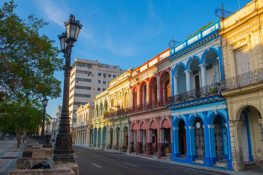 Historic buildings on Paseo del Prado between Calle Genios and Refugio Street in the morning in Old Havana (La Habana Vieja), Cuba. Old Havana is a World Heritage Site. 