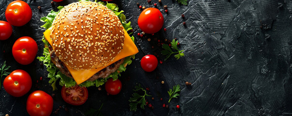 Juicy burger with cheese, lettuce, and tomato on black background Top view space to copy