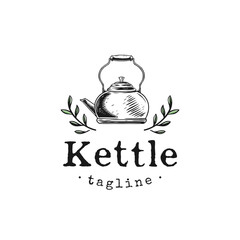 Vintage botanical logo with hand drawn kettle and leaf