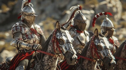 These heavily armored cavalrymen are a formidable sight with their intricate armor and powerful warhorses ready for battle.