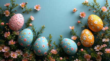 Multi-colored eggs painted with daisies surrounded by green twigs and pink flowers. Copy space. High quality photo.