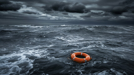 Amidst the tempestuous waves of a storm, a lifebuoy floats in the water, a vivid beacon of hope and rescue.