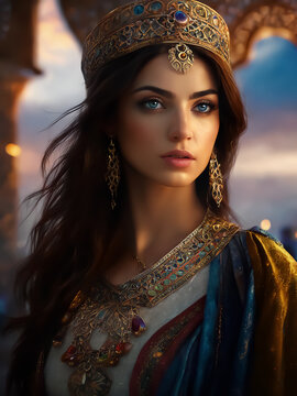 Eastern woman. Persian princess. Beautiful Arab young woman in festive attire. Precious jewelry