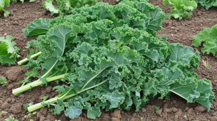 Deep green crinkly kale leaves overflowing from the ground ready to be picked and enjoyed in a fresh healthy dish.