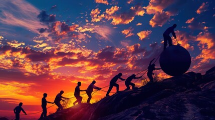 Unified group of people working together in harmony to lift a large object against a vibrant sunset - Powered by Adobe