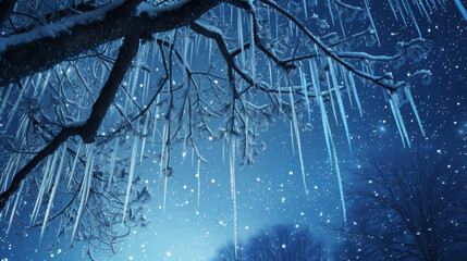 Background A winter wonderland with glistening icicles hanging from tree branches and a starry sky above. - obrazy, fototapety, plakaty