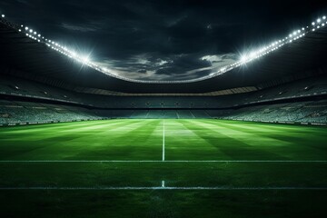 Green field in soccer or football stadium at night empty playground, 3d rendering