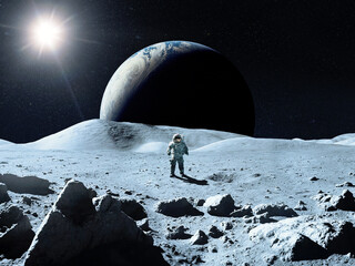 Moon surface with cosmonaut in the background of Earth. Elements of this image furnished by NASA.