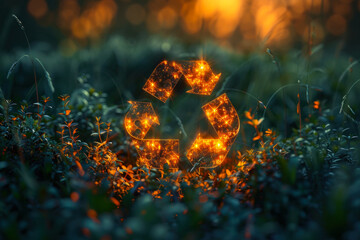 A vibrant image portraying the recycling symbol as a glowing beacon among grass during twilight