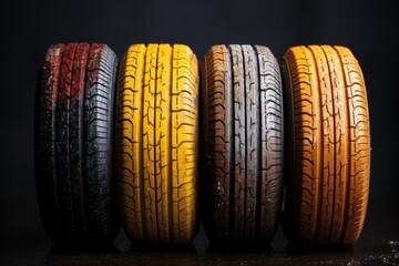 Colorful car tires tested in various weather conditions, quality advertisement, clear tread pattern