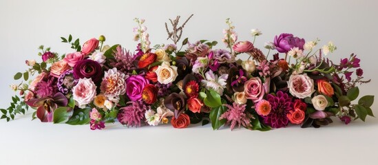 A variety of vibrant and fresh flowers arranged in a bouquet are displayed on a rustic wooden table. The flowers are in different colors and sizes, creating a beautiful and eye-catching centerpiece.