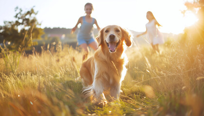 Cute golden retriever dog portrait in high grass with children kids running behind. Loyal dogs pet friendship, outdoor walking and just funny canine concept image.