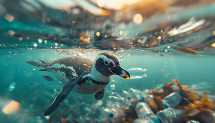 Lonely penguin swimming cold Antarctic sea waters over bottom with plastic bottles waste. Beauty...