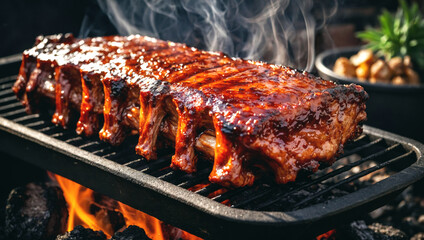 Meat ribs, barbecue grill, steak fried close-up. - obrazy, fototapety, plakaty
