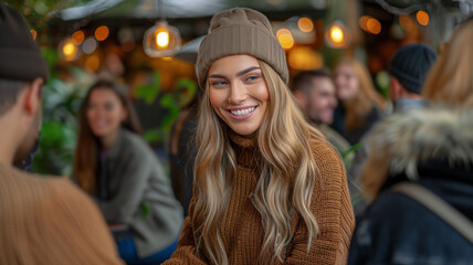 Obraz premium a young girl belonging to the millennial generation enjoying in the company of her friends on a terrace in winter at sunset
