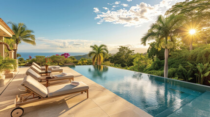 Fototapeta na wymiar Background Relax and unwind by the poolside surrounded by lush gardens and ocean views.