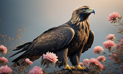 Obraz premium A realistic image of nature, bird in a flowers, conveying the natural beauty of spring, ideal for designers and elusrators, with copy space for text