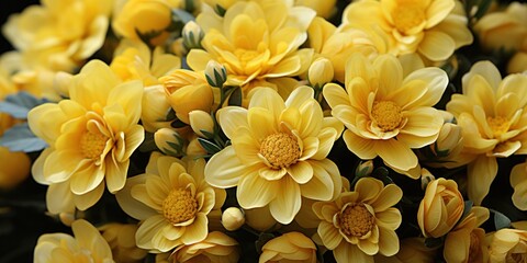 Fototapeta premium Cluster of vibrant yellow flowers surrounded by lush green leaves