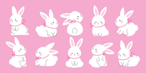 Set of cute easter rabbit vector. Happy Easter animal element with white bunny in different pose, pink ribbon. Rabbits character illustration design for clipart, sticker, decor, greeting card.