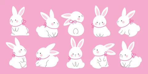 Muurstickers Speelgoed Set of cute easter rabbit vector. Happy Easter animal element with white bunny in different pose, pink ribbon. Rabbits character illustration design for clipart, sticker, decor, greeting card.