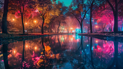 A serene pond reflecting the colorful lights dd on nearby trees creating a dreamy atmosphere.