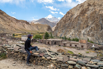 hiker in the himalayas mountains