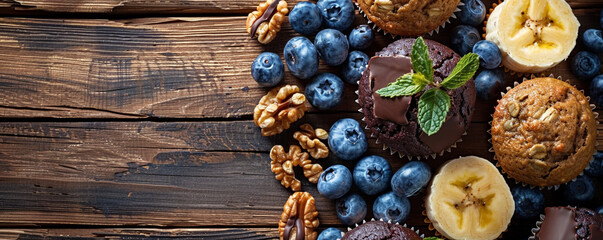 Muffins with blueberry, banana, chocolate and oatmeal on wooden background Top view space to copy.