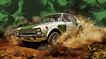 Vintage rally car splashing the dirt in retro 70s styled scene. - obrazy, fototapety, plakaty